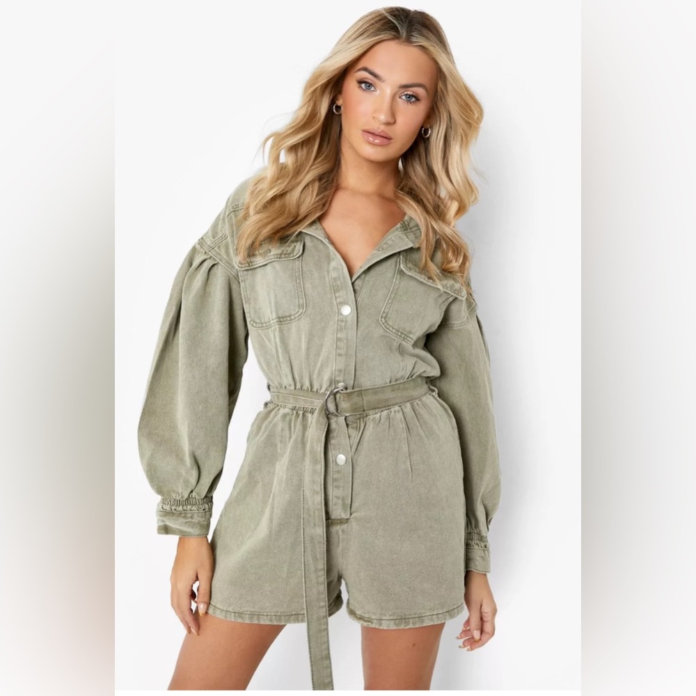 UTILITY POCKET BELTED DENIM ROMPER WASHED KHAKI